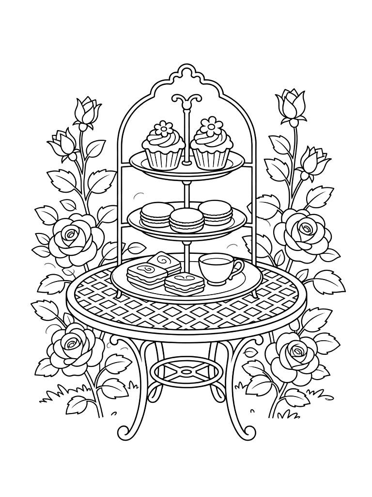 High Tea Tiered Tray With Floral Cupcakes And Macarons On A Vintage Iron Table In A Rose Garden Coloring Page — free printable for kids and adults