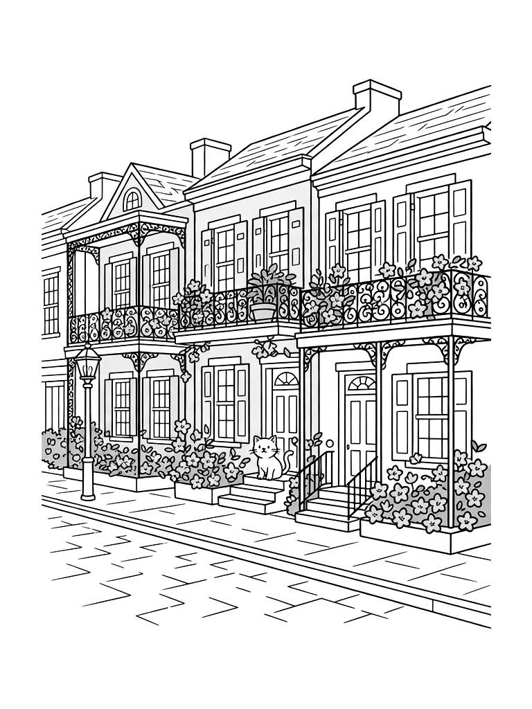 Historic Street In Charleston With Pastel-colored Houses Coloring Page