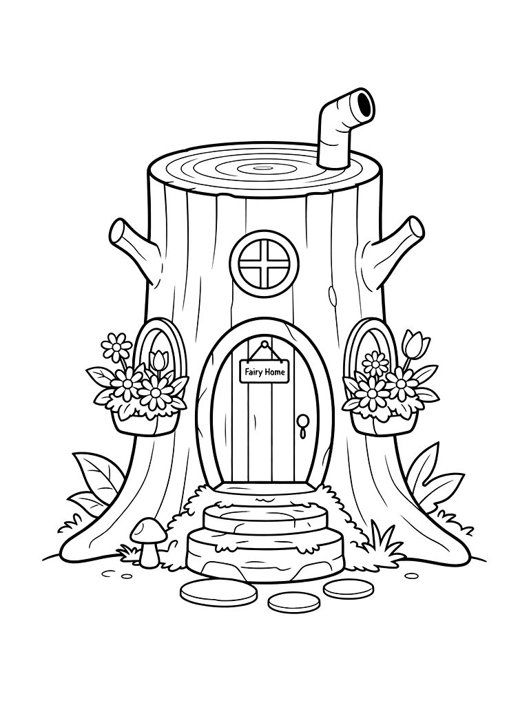 Hollowed-out Log Fairy Cottage With Mossy Steps And Flower Window Boxes Coloring Page — free printable for kids and adults