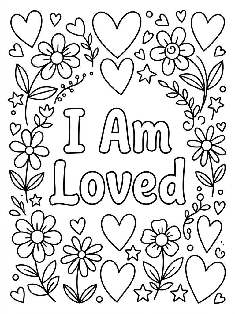 I Am Loved With Heart And Flower Background Coloring Page