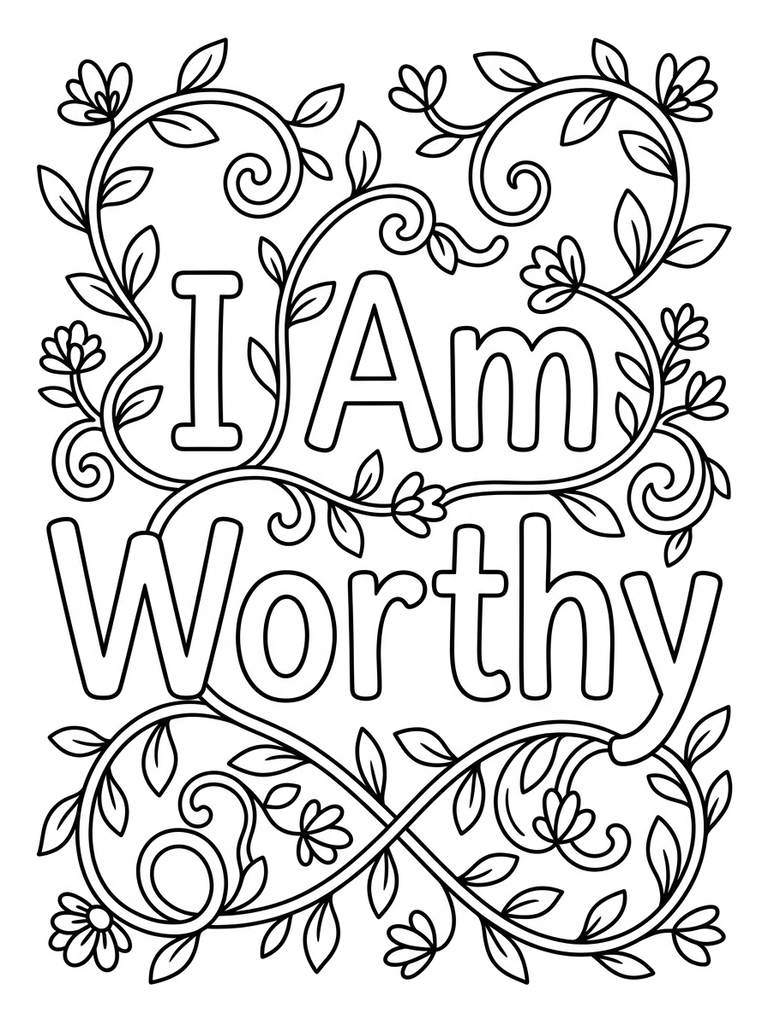 I Am Worthy With Elegant Vine Patterns Coloring Page