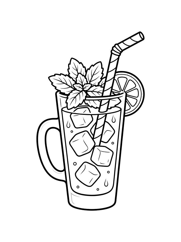 Iced Lavender Lemonade Glass With Mint Leaves And A Striped Straw Coloring Page — free printable for kids and adults