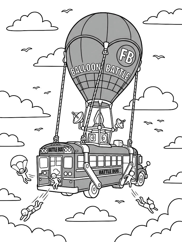 Iconic Fortnite Battle Bus Soaring Through The Clouds Attached To A Massive Blue Hot Air Balloon Preparing To Drop Players Coloring Page