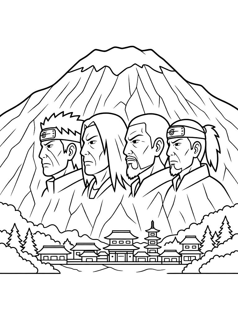 Iconic Hokage Rock With The Faces Of The Leaders Carved Into The Mountain Overlooking The Village Coloring Page