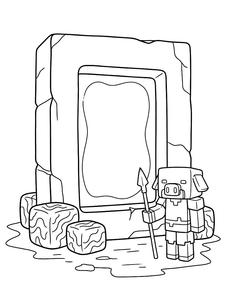 Imposing Blocky Nether Portal Glowing With Purple Energy Surrounded By Crying Obsidian And A Guarding Piglin In The Nether coloring page — free printable for kids and adults