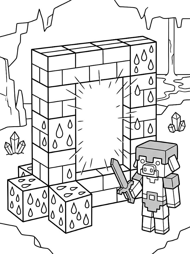 Imposing Blocky Nether Portal Glowing With Purple Energy Surrounded By Crying Obsidian And A Guarding Piglin In The Nether coloring page — free printable for kids and adults
