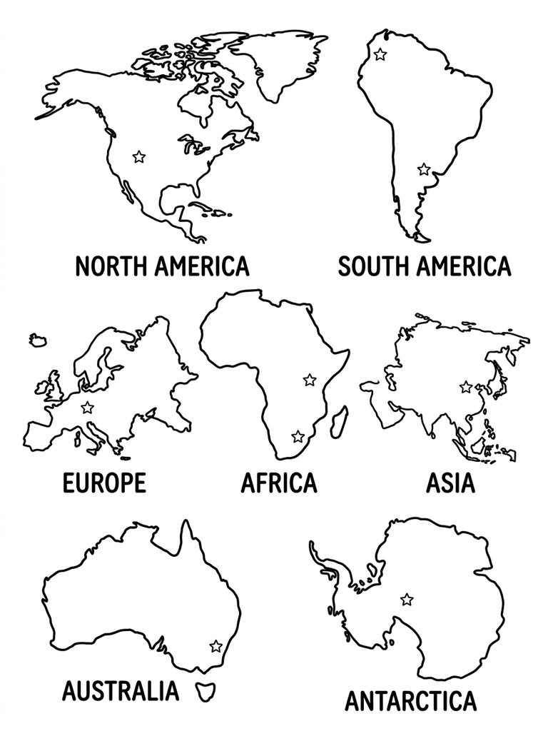 Individual Continent Maps Set coloring page — free printable for kids and adults