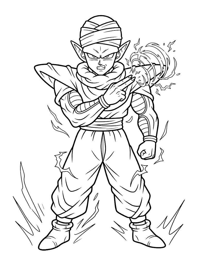 Intense Piccolo Concentrating Deeply And Charging His Glowing Special Beam Cannon Technique With Swirling Energy Around His Fingers coloring page — free printable for kids and adults