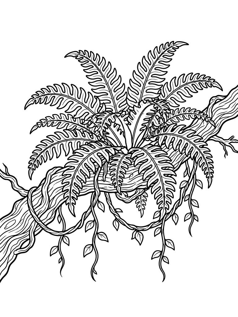 Intricate Bird’s Nest Fern Growing On A Gnarled Jungle Branch With Hanging Vines Coloring Page