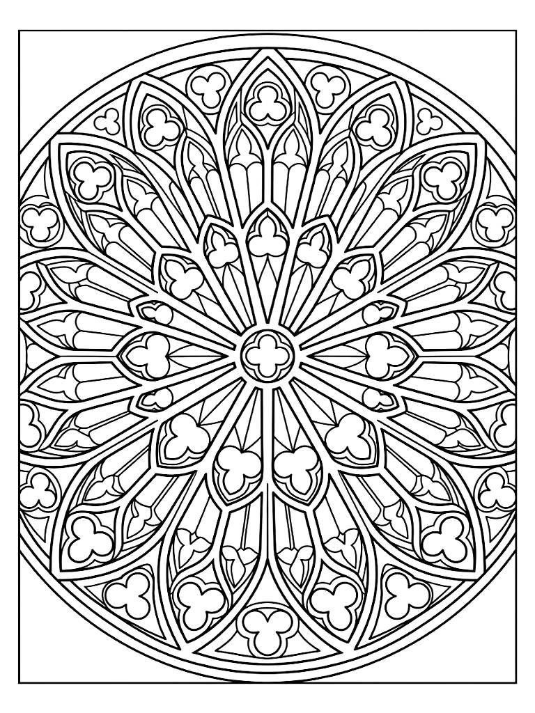Intricate Circular Mandala Designed To Look Like A Massive Gothic Cathedral Stained Glass Rose Window With Sharp Geometric Arches coloring page — free printable for kids and adults
