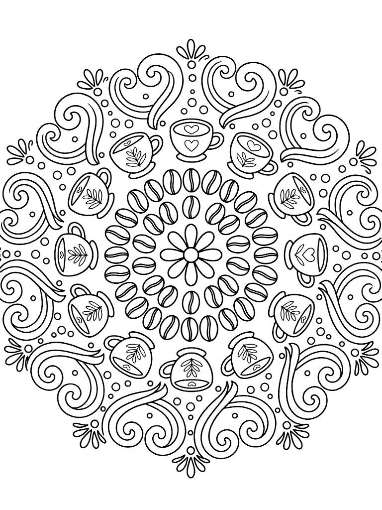 Intricate Coffee-Themed Mandala Featuring Concentric Rings Of Roasted Coffee Beans Delicate Latte Art Cups And Curling Steaming Swirls coloring page — free printable for kids and adults