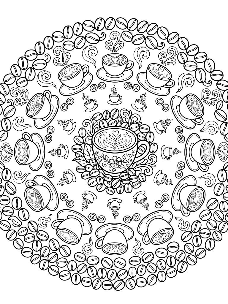Intricate Coffee-Themed Mandala Featuring Concentric Rings Of Roasted Coffee Beans Delicate Latte Art Cups And Curling Steaming Swirls coloring page — free printable for kids and adults
