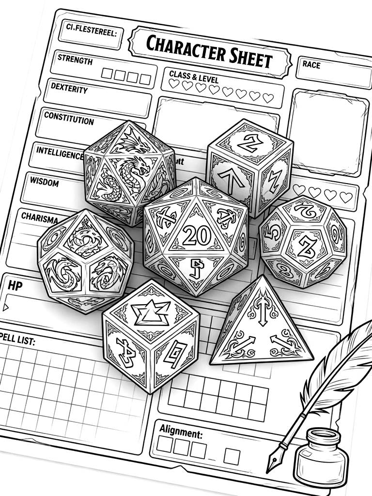 Intricate Dungeons And Dragons Dice Set On A Character Sheet Coloring Page