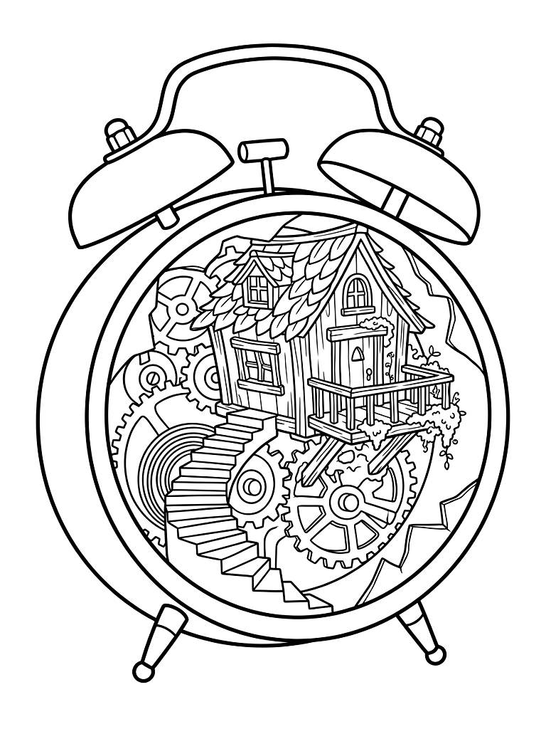 Intricate Fairy Cottage Built Inside A Broken Vintage Alarm Clock With Exposed Brass Gears And A Tiny Mossy Balcony coloring page — free printable for kids and adults