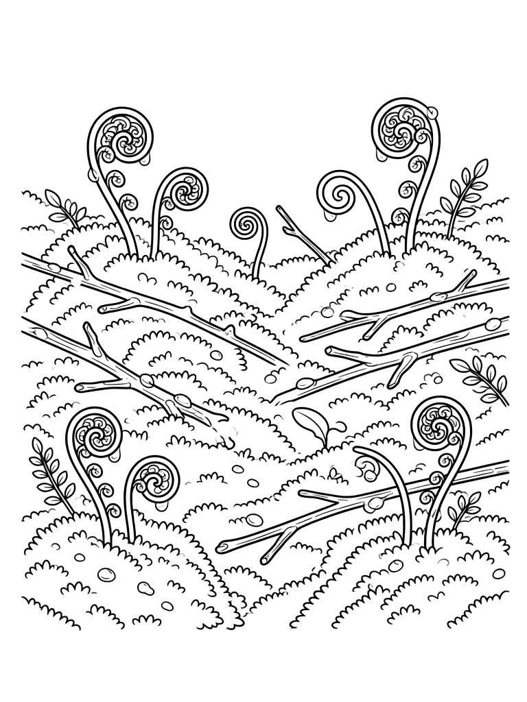 Intricate Forest Floor Scene With Soft Emerald Pillow Moss coloring page — free printable for kids and adults