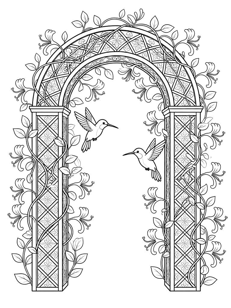 Intricate Garden Archway Completely Overgrown With Winding Honeysuckle Vines And Delicate Trumpet Flowers Visited By Hovering Hummingbirds Coloring Page