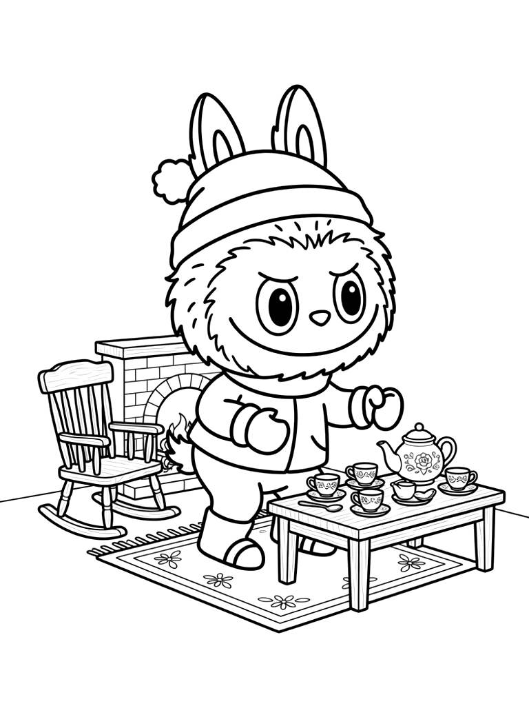 Intricate Miniature Dollhouse Parlor Room Featuring Tiny Wooden Furniture Coloring Page