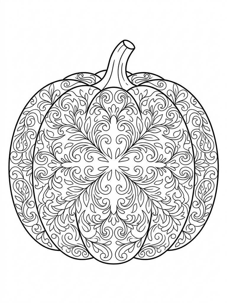 Intricate Pumpkin Mandala With Swirling Floral Patterns Coloring Page