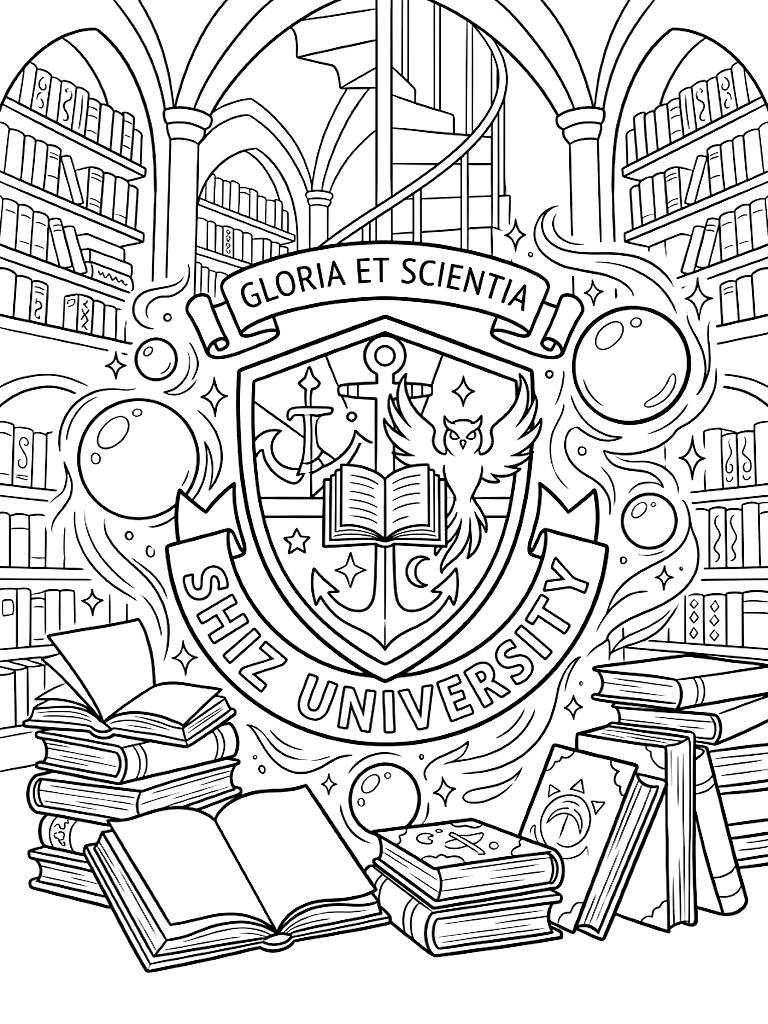 Intricate Shiz University Crest Surrounded By Floating Magical Orbs And Stacked Spellbooks In A Grand Library Setting coloring page — free printable for kids and adults