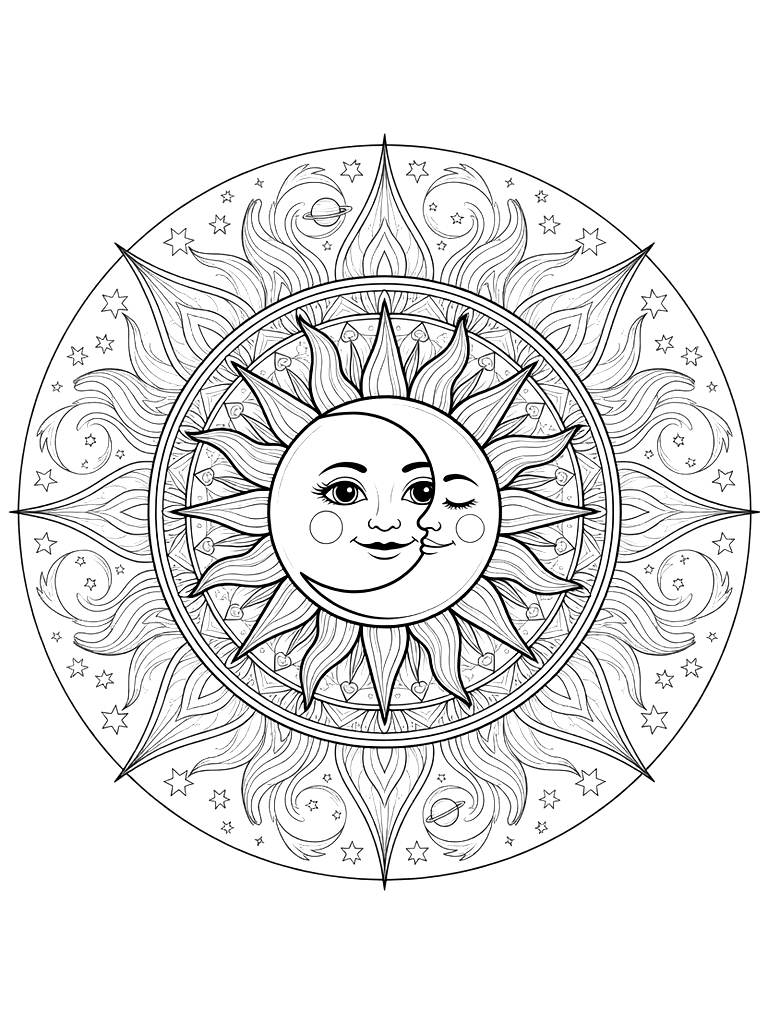 Intricate Sun And Moon Mandala With Celestial Symbols And Flowing Rays Of Light Coloring Page