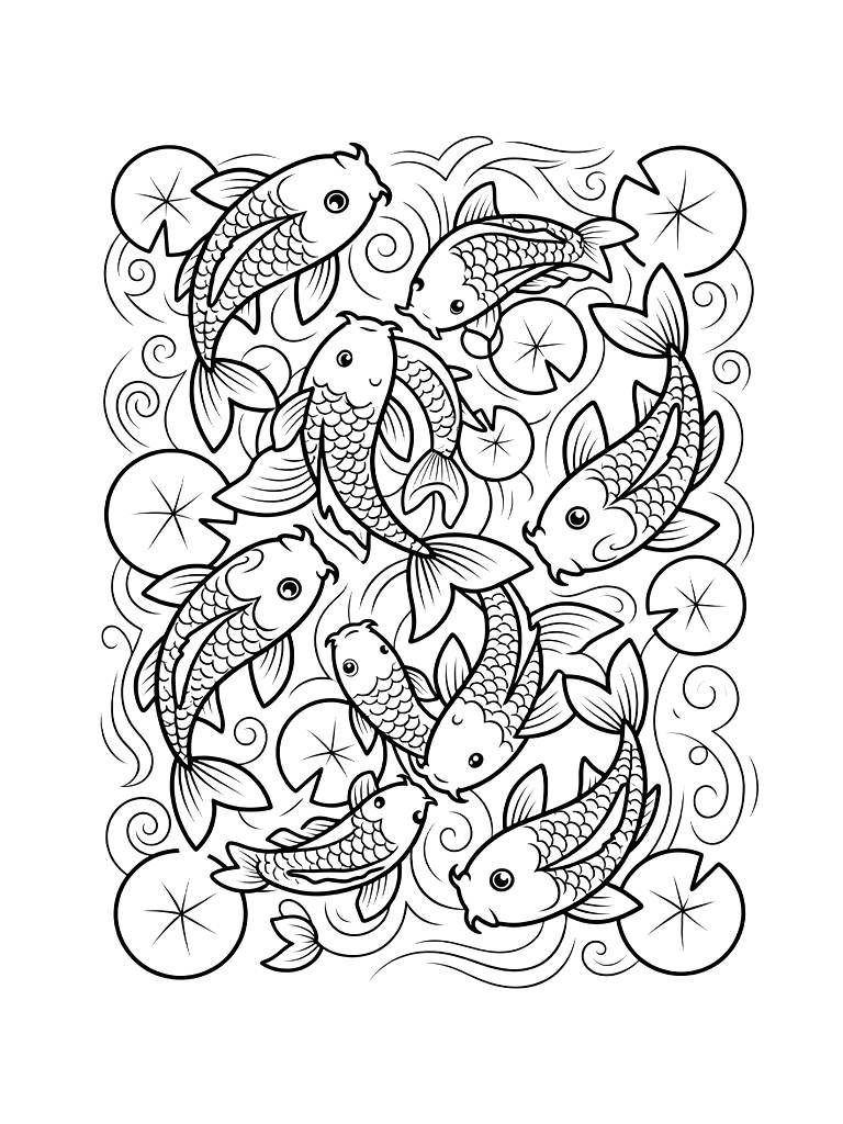 Intricate Zen Doodle Design Made Entirely Of Interlocking Koi Fish And Lily Pads Coloring Page — free printable for kids and adults