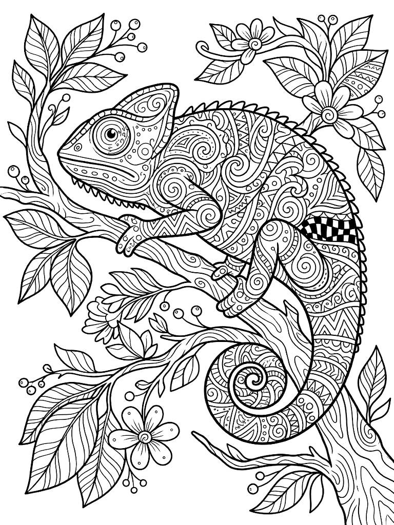 Intricate Zen Doodle Of A Chameleon Resting On A Curled Branch With Its Body Filled With Complex Swirling Tribal And Geometric Patterns coloring page — free printable for kids and adults