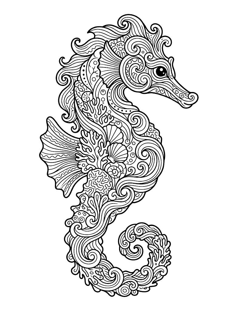 Intricate Zen Doodle Of A Majestic Seahorse Formed By Complex Interlocking Ocean Waves And Highly Detailed Coral Reef Patterns coloring page — free printable for kids and adults