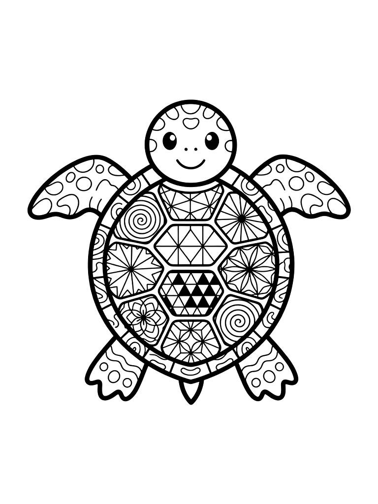 Intricate Zen Doodle Of A Sea Turtle Shell Where Each Plate Is A Geometric Mandala Coloring Page — free printable for kids and adults
