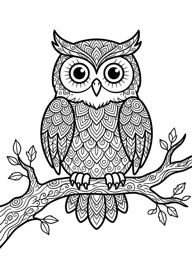 Intricate Zen Doodle Of A Wise Owl Perched On A Branch coloring page — free printable for kids and adults