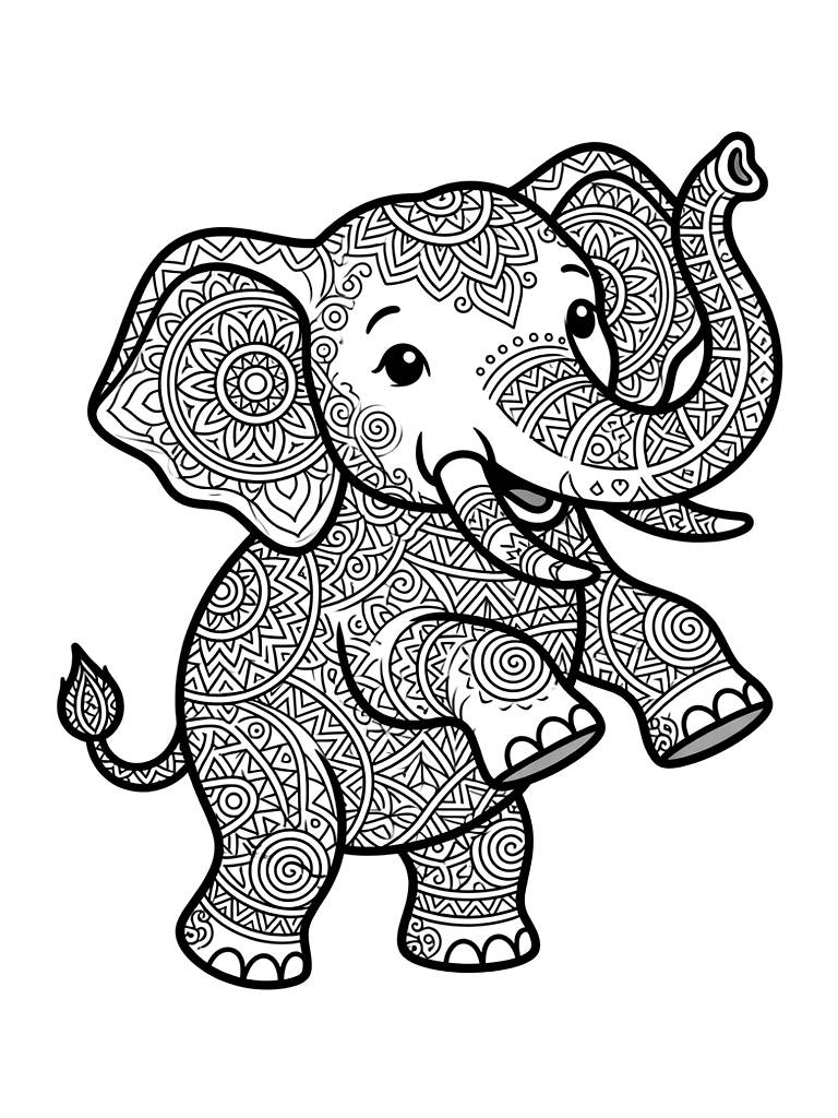 Intricate Zendoodle Elephant With Complex Geometric Patterns Coloring Page — free printable for kids and adults