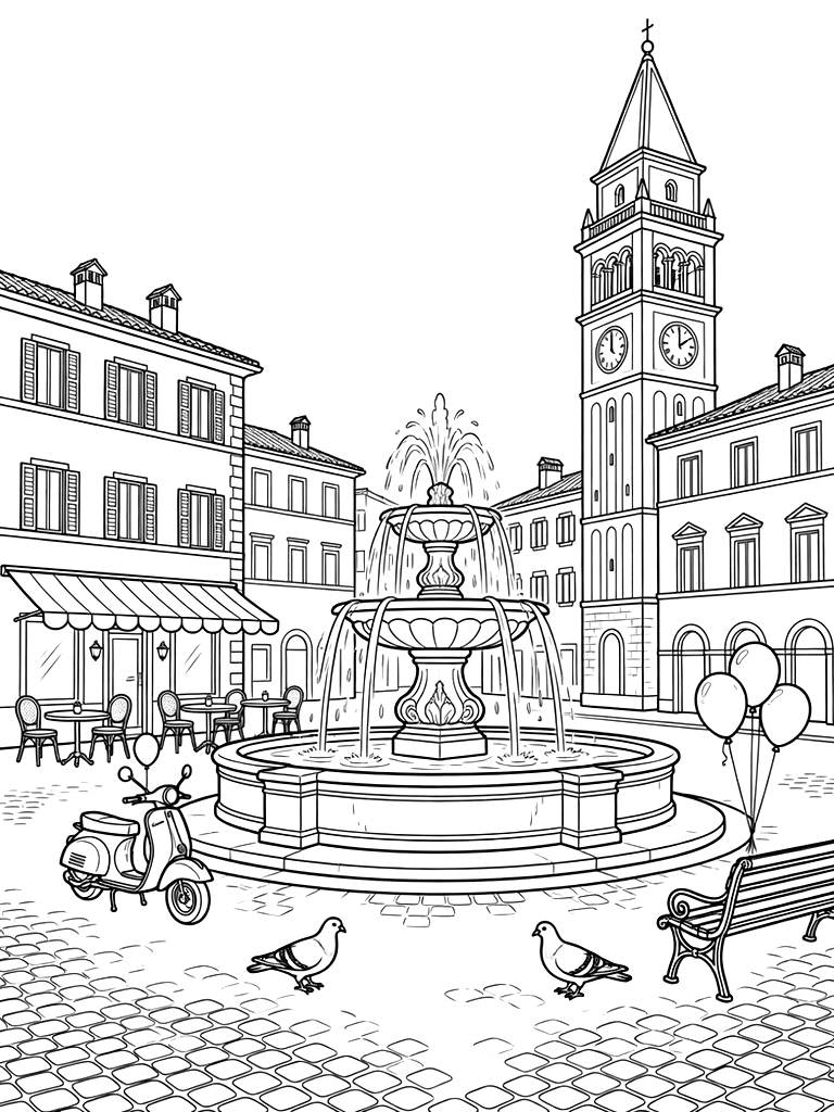 Italian Piazza Coloring Page