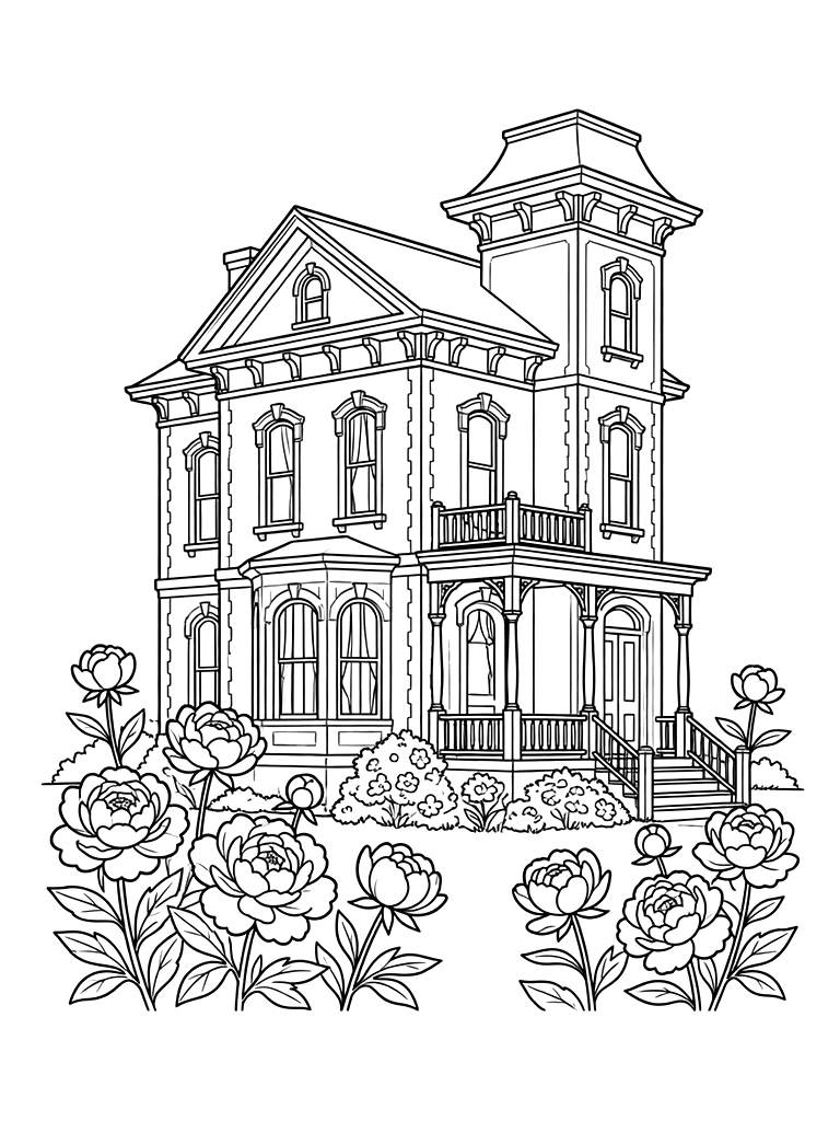 Italianate Style Victorian House With A Square Tower And A Balcony Overlooking A Garden Of Blooming Peonies Coloring Page
