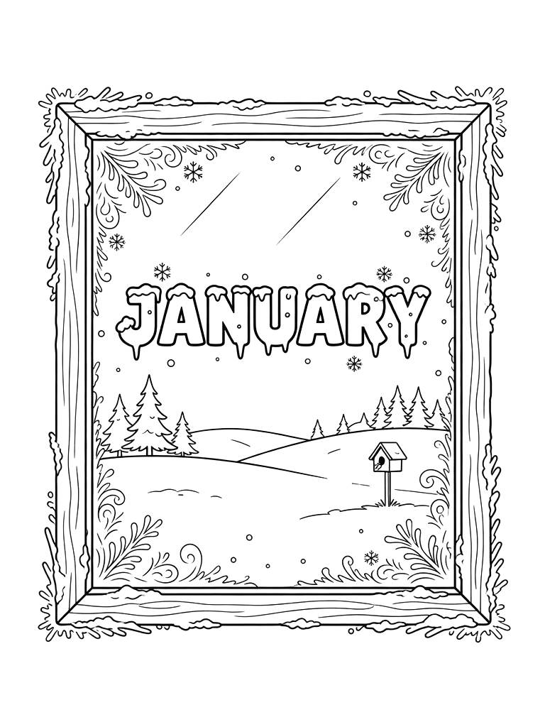 January Lettering Inside A Frost-covered Window Frame With A View Of A Peaceful Snowy Field Coloring Page