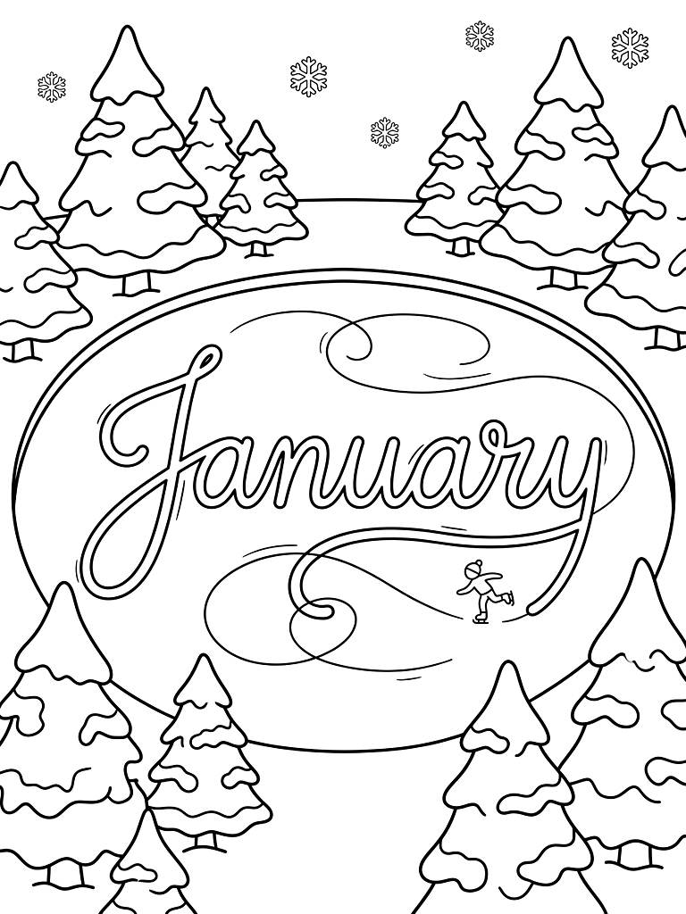January Title Written In Cursive Skate Tracks On A Frozen Pond Surrounded By Snow-Covered Evergreen Trees coloring page — free printable for kids and adults