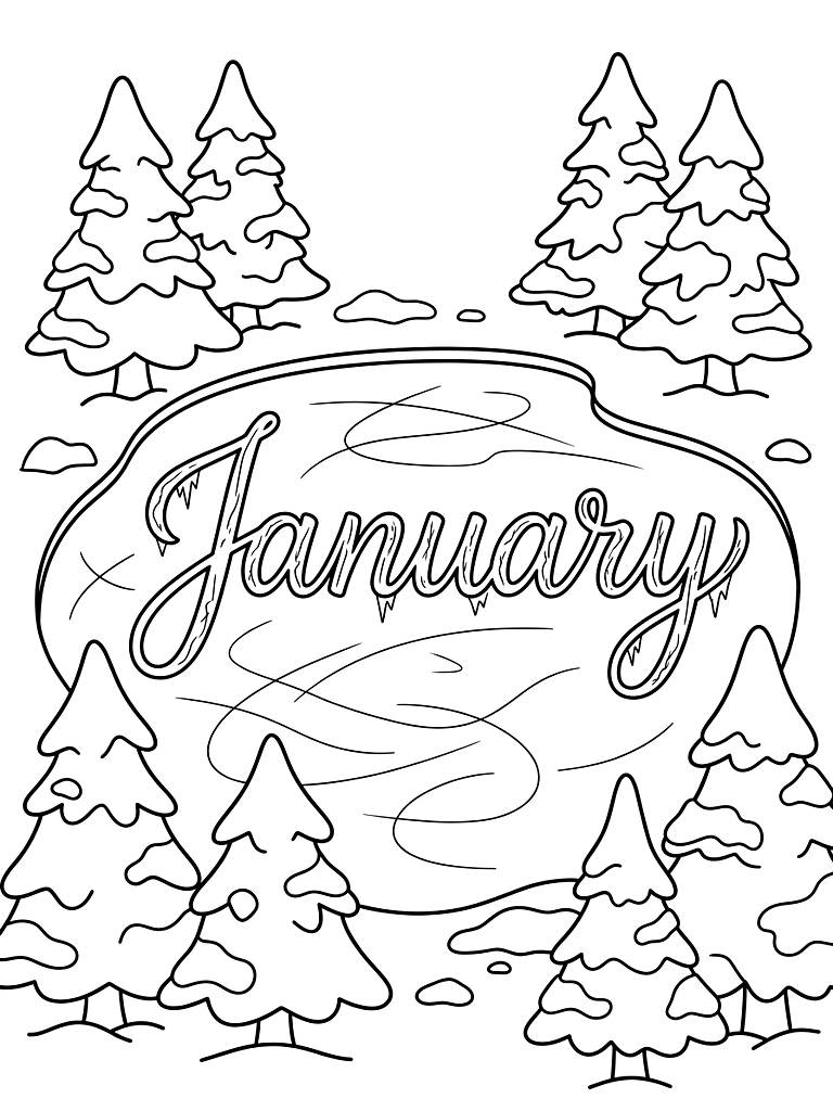 January Title Written In Cursive Skate Tracks On A Frozen Pond Surrounded By Snow-Covered Evergreen Trees Coloring Page