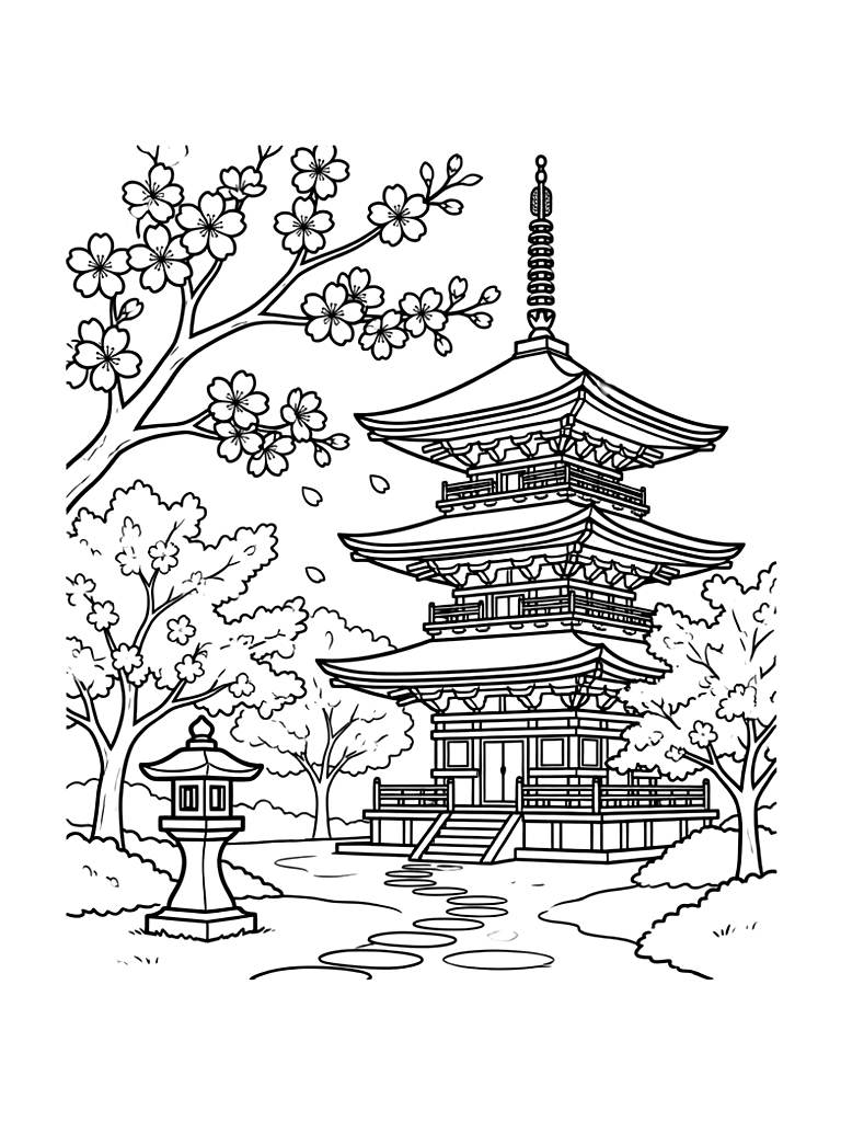 Japanese Cherry Blossoms (Sakura) And Pagodas coloring page — free printable for kids and adults