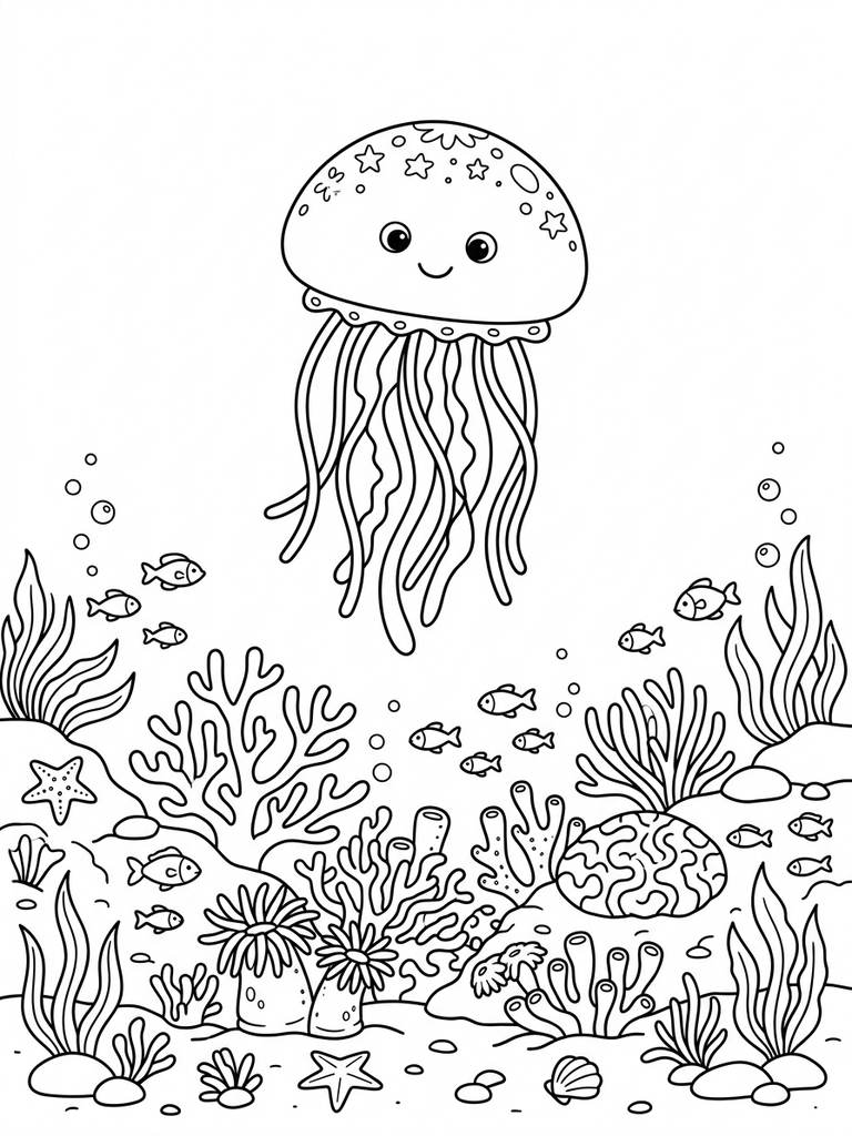 Jellyfish Floating With Coral Reef Coloring Page