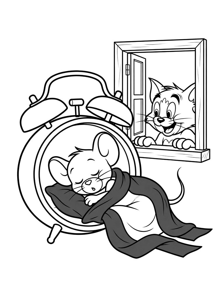Jerry Mouse Sleeping Cozy Inside A Vintage Alarm Clock Using A Soft Red Ribbon As A Blanket While Tom Cat Peeks Through A Window coloring page — free printable for kids and adults
