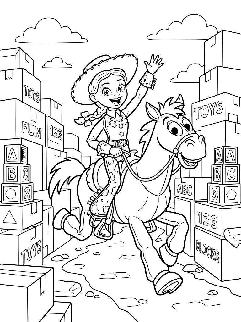Jessie The Yodeling Cowgirl Joyfully Riding Bullseye The Horse Through A Toy Block Canyon Made Of Stacked Cardboard Boxes coloring page — free printable for kids and adults