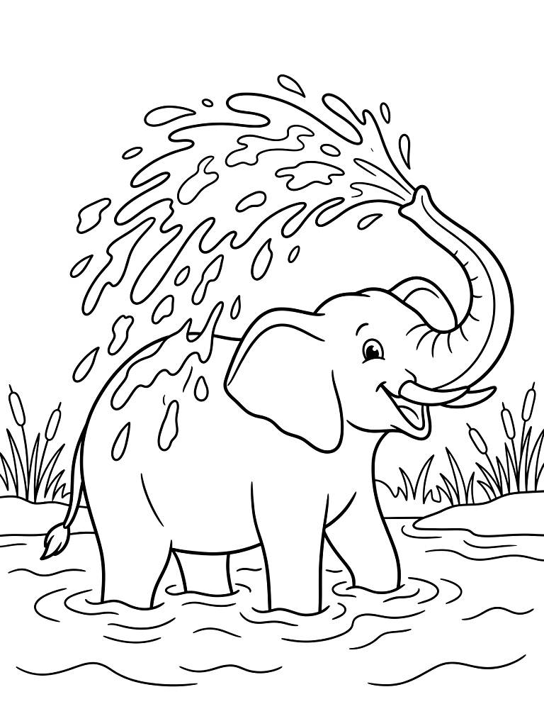 Joyful African Elephant Bathing In A River And Playfully Tossing A Massive Splash Of Cool Mud Over Its Back With Its Trunk coloring page — free printable for kids and adults