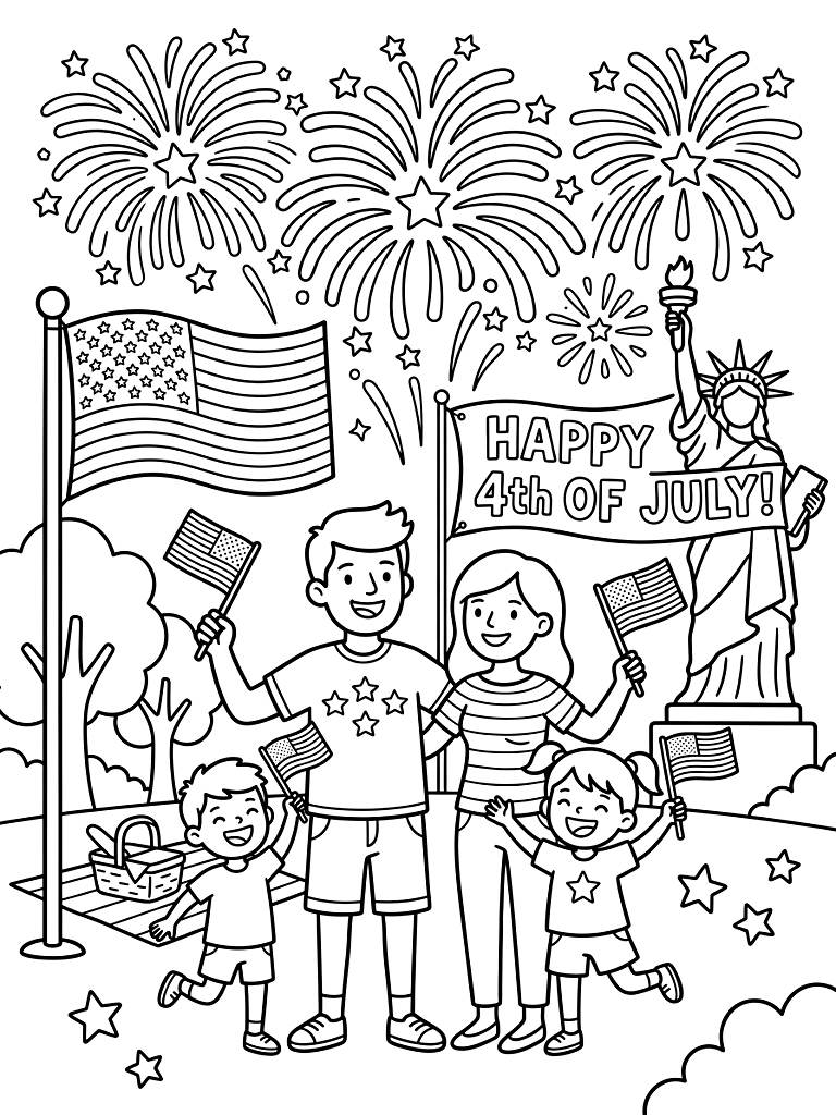 July 4th Independence Day Fireworks And Patriotic Scenes Coloring Page