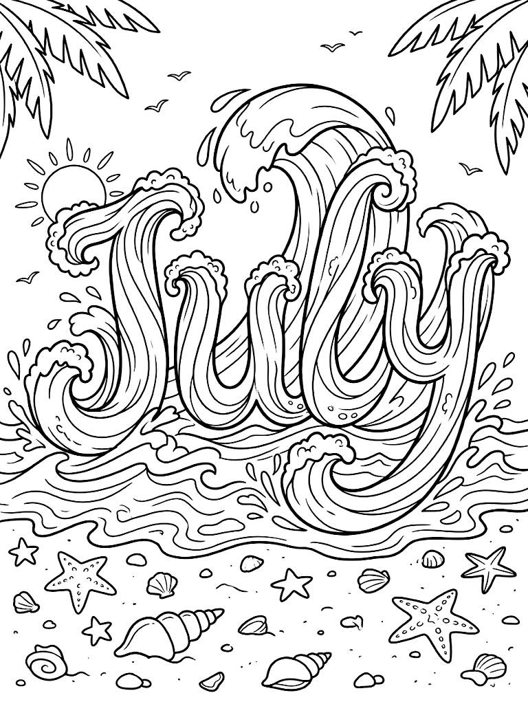 July Typography Formed By Intricate Ocean Waves Crashing Over A Sandy Beach Filled With Detailed Starfish And Conch Shells coloring page — free printable for kids and adults