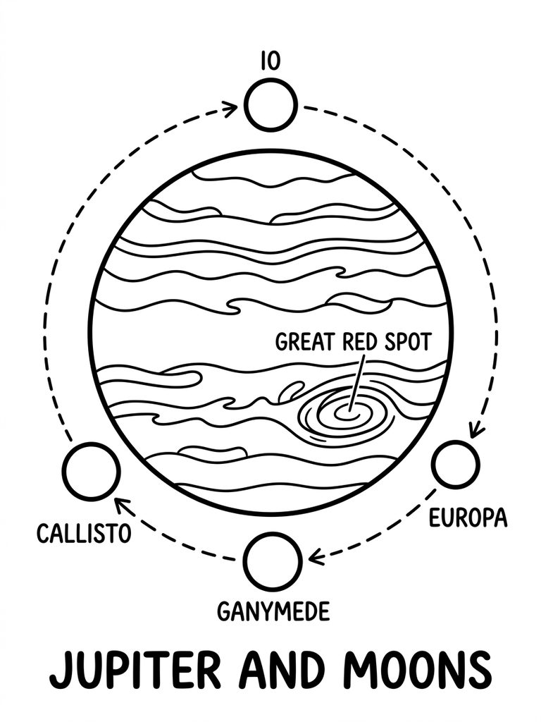 Jupiter With Great Red Spot And Moons Coloring Page