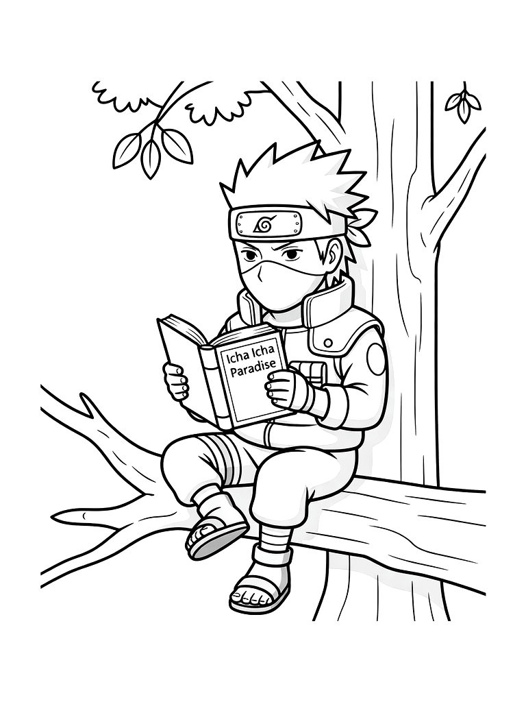 Kakashi Hatake Reading His Favorite Book While Sitting On A Tree Branch In The Forest Coloring Page