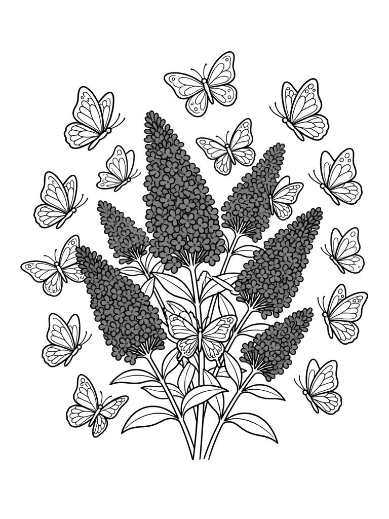 Kaleidoscope Of Butterflies Fluttering Around A Purple Flowering Buddleia Bush Coloring Page