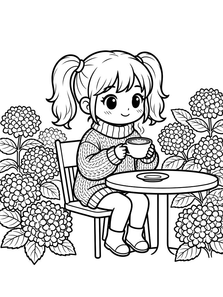 Kawaii Anime Girl In A Cozy Oversized Sweater Drinking A Matcha Latte At A Garden Table Surrounded By Blooming Pink Hydrangeas coloring page — free printable for kids and adults