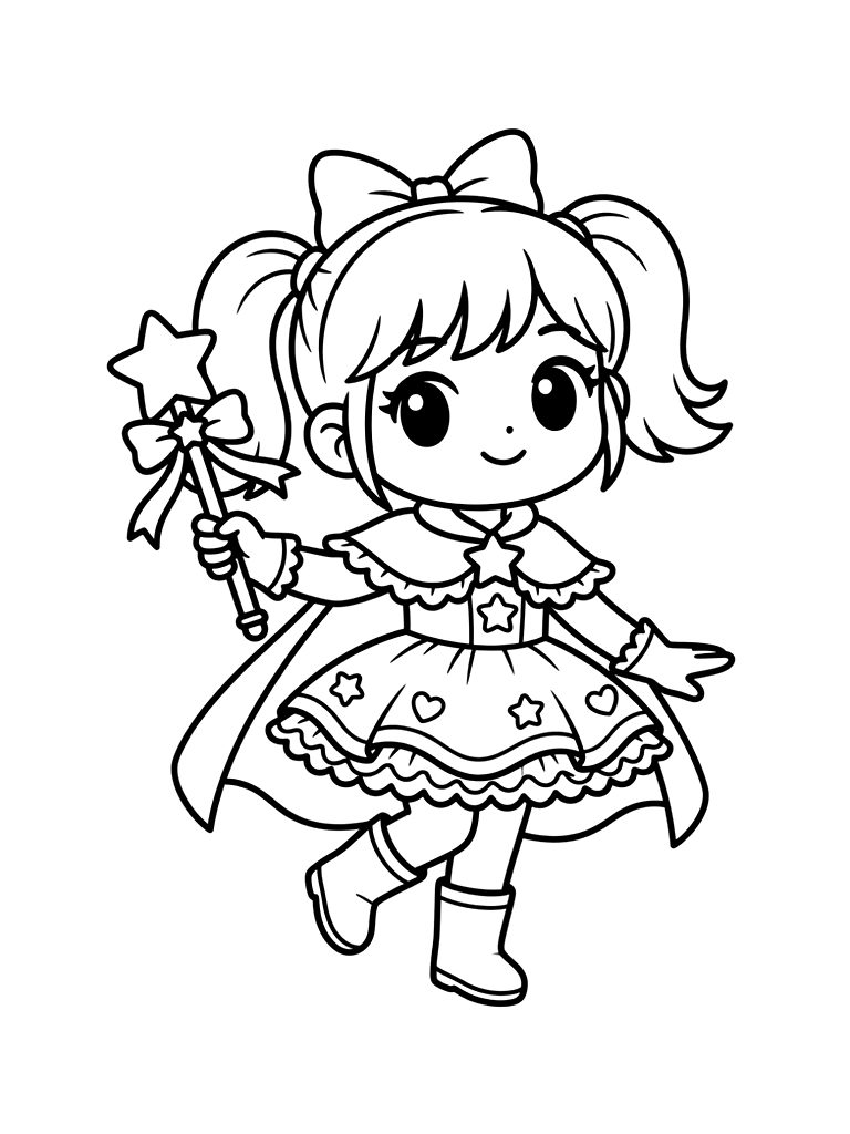 Kawaii Anime Girl In A Magical Girl Outfit With A Star-shaped Wand Coloring Page