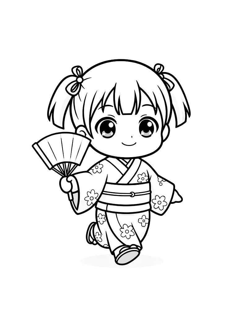 Kawaii Anime Girl In A Traditional Yukata Holding A Paper Fan At A Summer Festival Coloring Page