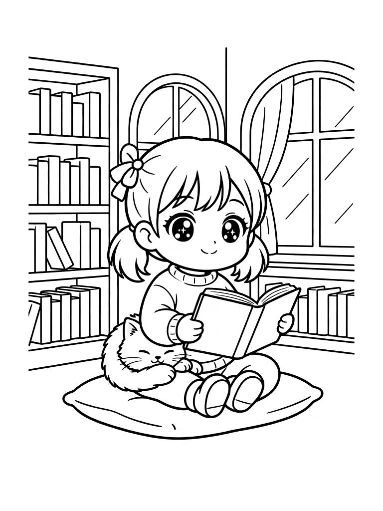 Kawaii Anime Girl Reading A Book In A Library With Sunlight Filtering Through Large Windows And A Cat On Her Lap Coloring Page