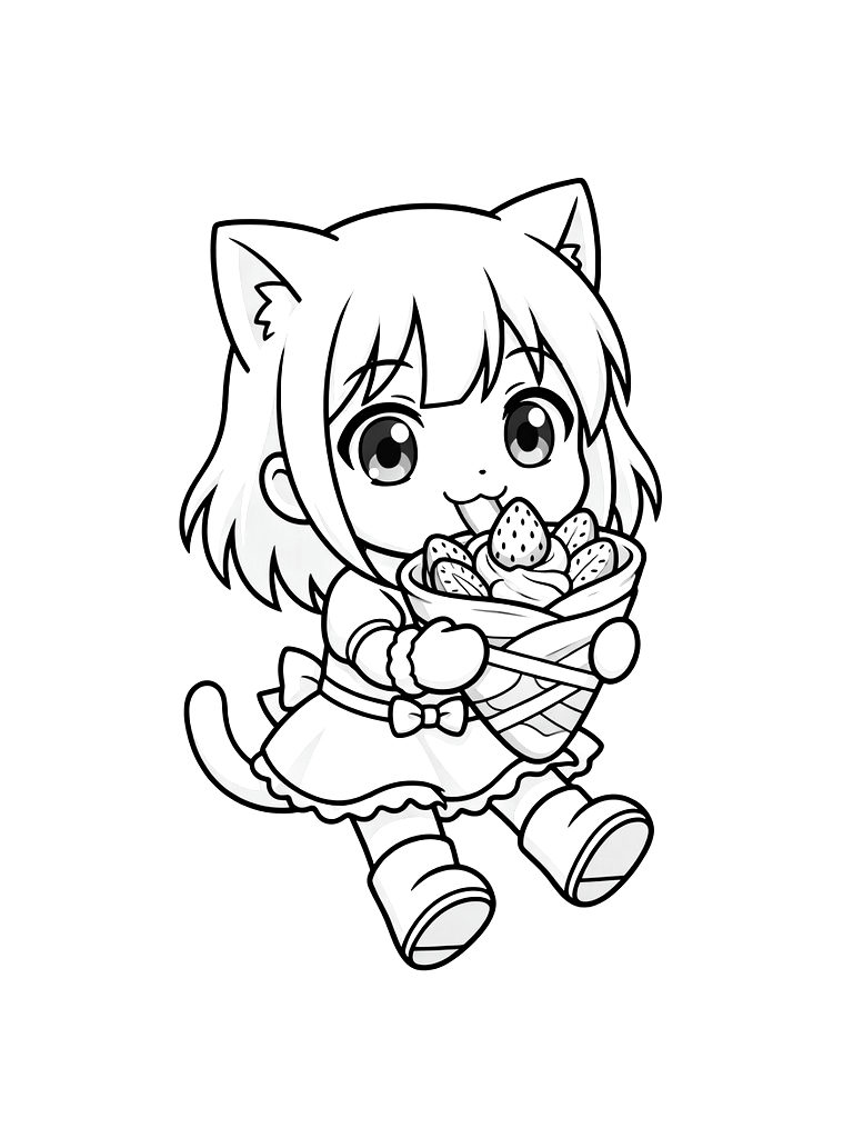 Kawaii Anime Girl With Cat Ears Eating A Strawberry Crepe Coloring Page